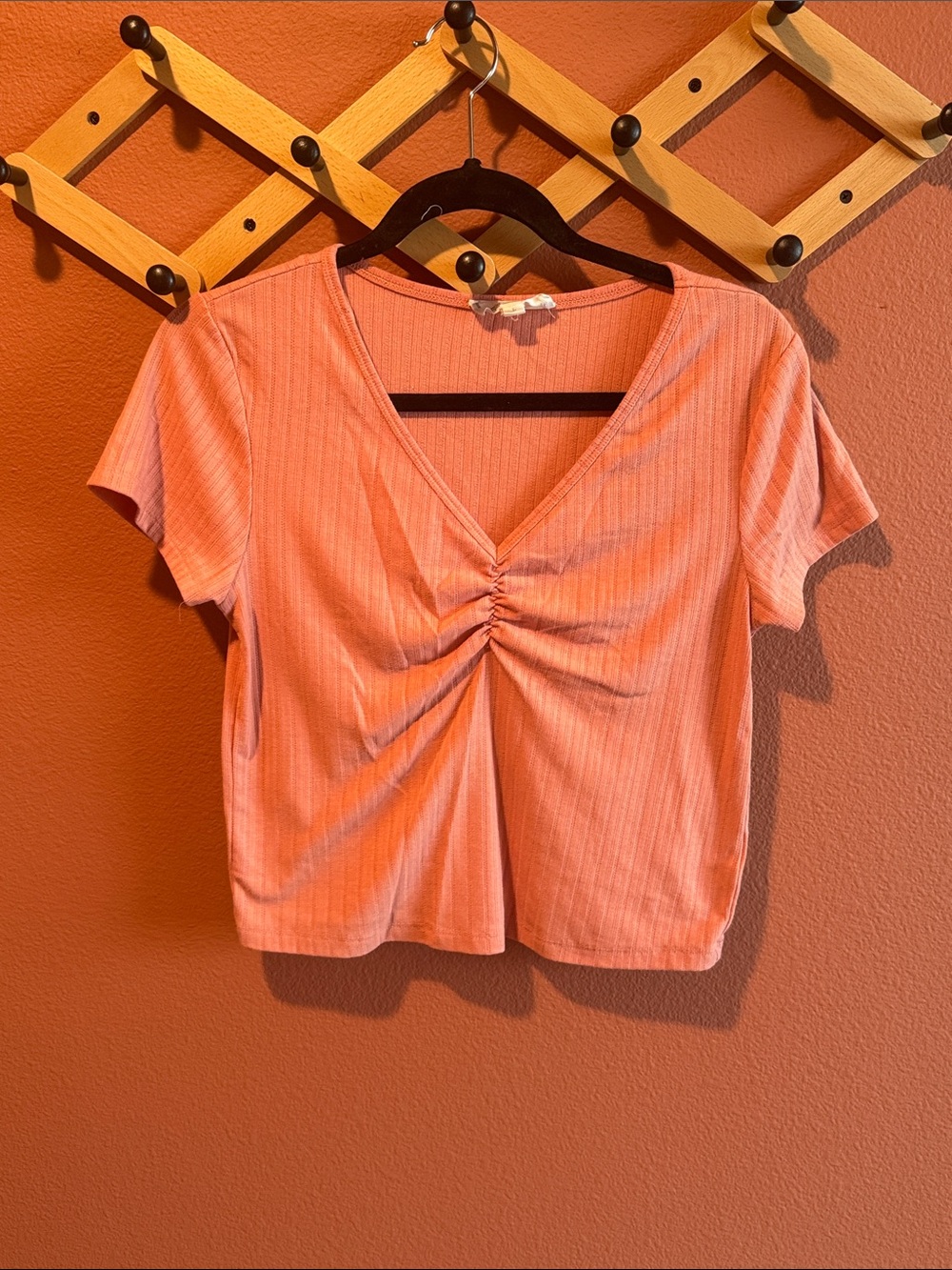 Hippie Rose Coral Pink Ruched V-Neck Crop Top